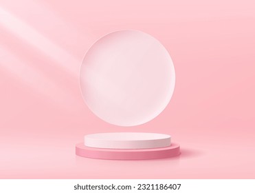 3D White and pink cylinder pedestal podium valentine background with emboss circle wall scene. Minimal mockup product stage showcase, Cosmetic promotion display. Abstract vector geometric platforms.