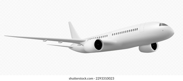 Icono de viaje vectorial aislado de vuelo de avión blanco 3d png. Representación realista del jet en un fondo transparente. Modelación comercial de aerolíneas para vuelos internacionales de vacaciones. Plantilla en blanco de avión de carta