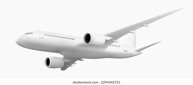 3d white plane flight isolated vector travel icon png. Realistic render of jet on transparent background. Airline commercial mockup for international fly on holiday. Charter aircraft blank template