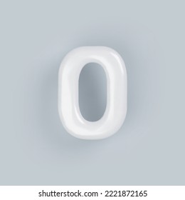 3D White plastic number 0 with a glossy surface on a gray background.