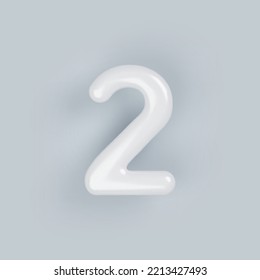 3D White plastic number 2 with a glossy surface on a gray background.
