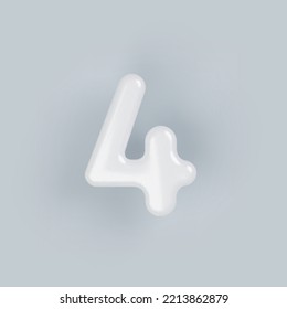 3D White plastic number 4 with a glossy surface on a gray background.