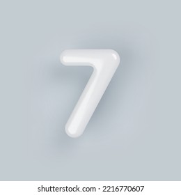 3D White plastic number 7 with a glossy surface on a gray background.