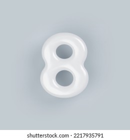 3D Plástico blanco número 8 con una superficie brillante sobre un fondo gris.
