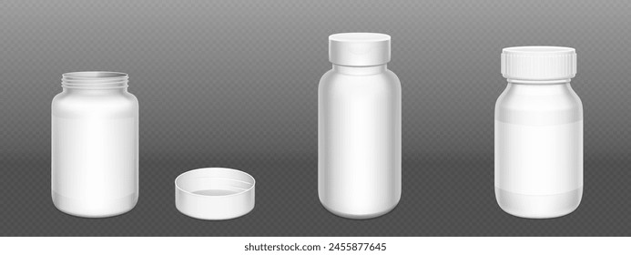 3d white plastic pill bottle. Supplement container package mockup. Medicine jar for capsule, drug, protein or aspirin with empty prescription label template and lid. Pharmaceutical pack mock up