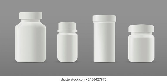 Botella de plástico blanca 3d de la píldora para el suplemento de vitaminas. Frasco de píldora de Vector, maqueta de paquete de cápsulas farmacéuticas, Plantilla de comprimidos médicos. Cartucho de proteína deportivo realista.