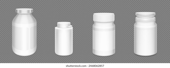 3d white plastic pill bottle. Supplement container package mockup. Medicine jar for capsule, drug, protein or aspirin with empty prescription label template and lid. Pharmaceutical pack mock up