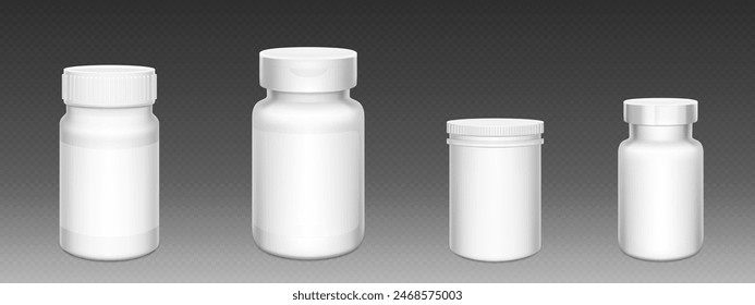 3D weiße Plastikpille Flasche. Beipackzettel-Paket-Mockup. Arzneimittelbehälter für Kapseln, Arzneimittel, Eiweiß oder Aspirin mit leerer Vorlage und Deckel auf dem Etikett. Modell der Arzneimittelpackung