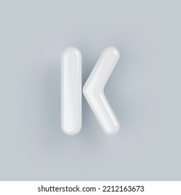 3D White plastic uppercase letter K with a glossy surface on a gray background.