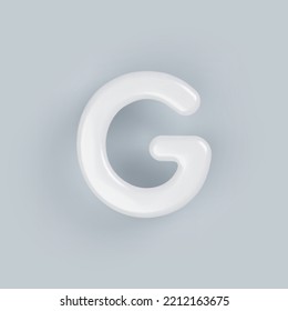3D White plastic uppercase letter G with a glossy surface on a gray background.
