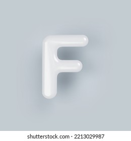 3D White plastic uppercase letter F with a glossy surface on a gray background.