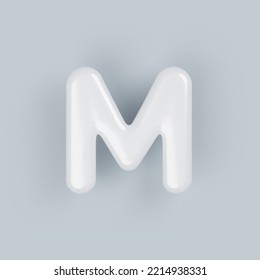 Letra 3D mayúscula M de plástico blanco con una superficie brillante sobre un fondo gris.