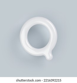 Letra 3D mayúscula Q de plástico blanco con una superficie brillante sobre un fondo gris.