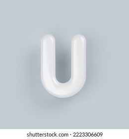 Letra 3D mayúscula U de plástico blanco con una superficie brillante sobre un fondo gris.