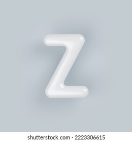 3D White plastic uppercase letter Z with a glossy surface on a gray background.