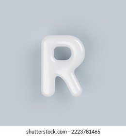 Letra 3D mayúscula R de plástico blanco con una superficie brillante sobre un fondo gris.