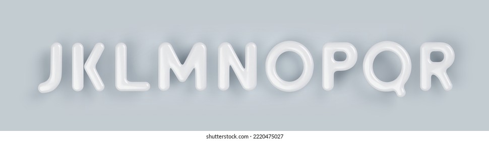 3D White plastic uppercase letters J, K, L, M, N, O, P, Q and R with a glossy surface on a gray background.