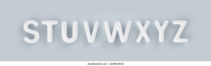 3D White plastic uppercase letters S, T, U, V, W, X, Y and Z with a glossy surface on a gray background.