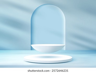 3D white platform floats above a circular base in front of a serene blue backdrop with an arched window. Perfect for showcasing beauty or wellness products, modern designs, or minimalistic concepts.