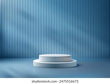 3D White Podium Against Blue Striped Wall Background, Modern Product Display and Mockup for Showroom Showcase, Minimalist and Clean Design