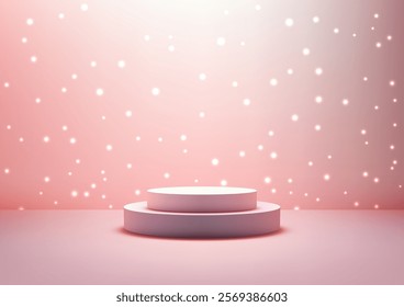 3D white podium against a soft pink backdrop with bokeh lights, blending elegance and modernity. Festive product displays, mockups, showrooms, and celebrations