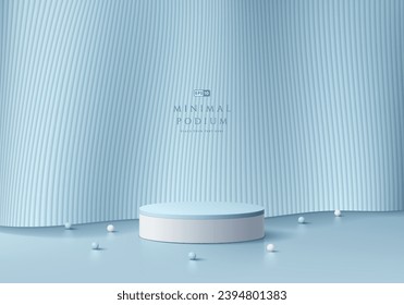3D white podium background with cylinder pedestal on vertical pattern wave shape blue wall scene. Platforms mockup product display presentation. Abstract composition in minimal design. Stage showcase.