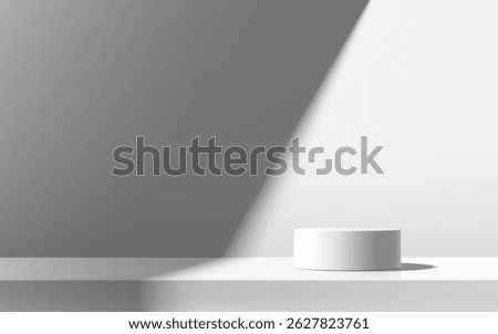 3D white podium background on table with contrast lighting. Abstract composition in minimalist design. Studio room display showroom cosmetic stand product pedestal, Fashion stage showcase mockup scene
