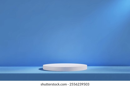 3d white podium in blue empty room with table. Background studio scene with platform for product presentation