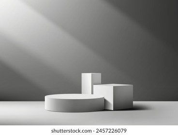 3D white podium with a circle and cube on a gray background with light beam, Minimal style, product display, mockup, showroom, showcase. Vector illustration