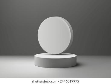 3D white podium with circle rests top of a white cylinder on gray background, Product display, Mockup. Vector illustration
