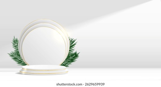3d white podium with circles and palm leaves behind it.