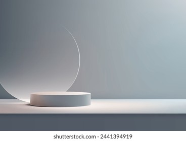 3D white podium with clear glass circle backdrop, set against a gray background. Vector illustration