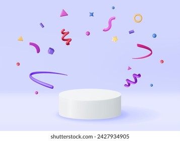 3D White Podium with Confetti Isolated. Render Stage Mockup. Platform with Confetti. Valentine Day, Birthday Card, Product Display Presentation Advertisement. Realistic Vector Illustration