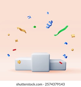 3D white podium with confetti isolated. Render stage mockup. Platform with confetti. Valentine day, birthday card, sport, product display presentation advertisement. Realistic vector illustration