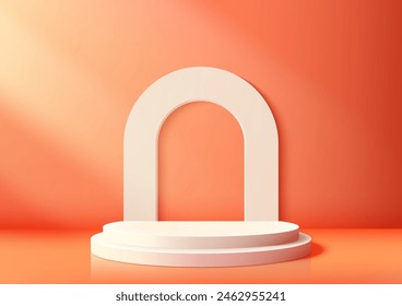 3D white podium with a curved arch stands backdrop against a bright orange background with light beam, modern concept, product display, mockup, showroom, showcase. Vector illustration