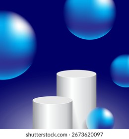 Cilindros de podio blancos 3D con esferas metálicas azules flotantes sobre fondo degradado oscuro, escenario moderno para exhibición de productos o presentación de lujo.