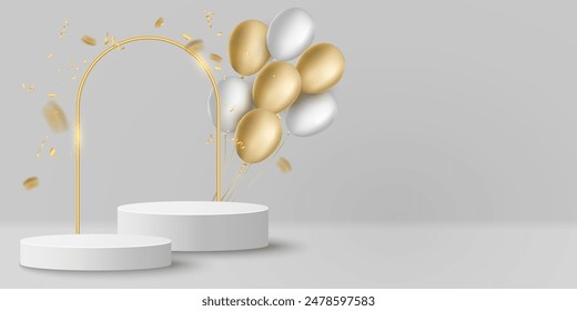 3D white podium with falling confetti and flying festive baloons. Pedestal with shiny golden arc for display birthday gift. Vector illustration. EPS 10