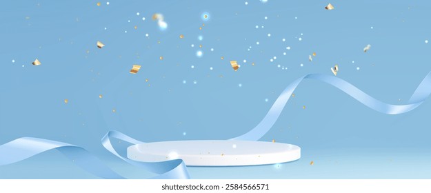 3D white podium with flowing blue silk ribbons and golden confetti on pastel background. Elegant circular platform with shimmering particles and delicate floating streamers for celebration display.