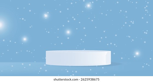 Podio blanco 3D con cintas de seda azul y confeti dorado sobre fondo pastel. Elegante plataforma circular con partículas brillantes y delicadas serpentinas flotantes para la exhibición de la celebración.