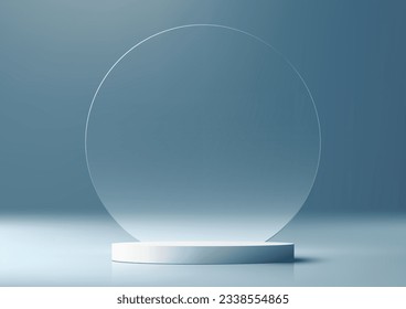 3D white podium with glass circle backdrop is a modern and minimalist mockup that can be used for a variety of purposes, such as product display, marketing, or branding. Vector illustration