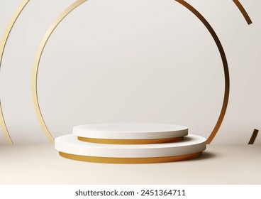 3D white podium with a gold rim sits on a white stage background, Luxury style, Product display, Mockup, Showcase presentation. Vector illustration