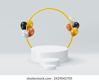 3D White Podium with Gold Ring and Metallic Balloon. Render Luxury Product Stage. Platform with Gold, Silver, Bronze and Black Balloons. Product Display Presentation Advertisement. Vector Illustration