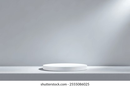 3d white podium in gray empty room with table. Background studio scene with platform for product presentation