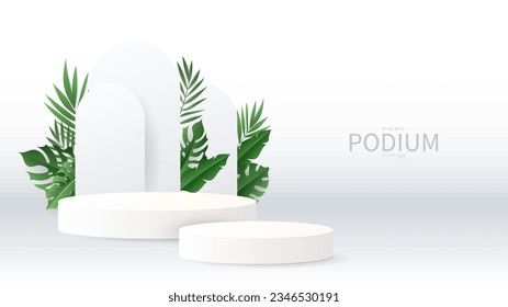 3D White Podium with green leaf on white  Background products display , Abstract Vector rendering 3d, Product display presentation,Stage for showcase, Vector illustration EPS 10
