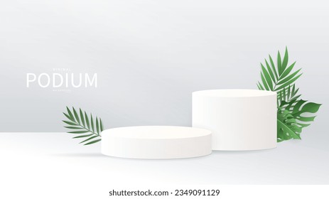 3D-Weißes Podium mit grünem Blatt auf weißem Hintergrund, Anzeige von Produkten auf weißem Hintergrund, Abstrakter Vektorgrafik 3d, Produktpräsentation, Schaubühne, Vektorgrafik EPS10