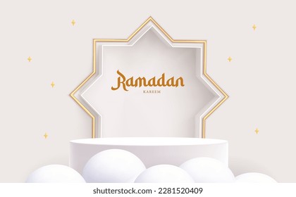 3d podio blanco y arco de islam para la presentación del producto. Fondo blanco Ramadan kareem. Ilustración del vector