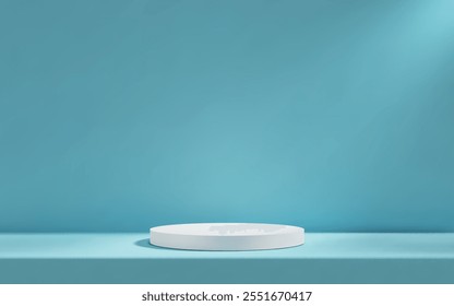 3d white podium in light blue empty room with table. Background studio scene with platform for product presentation