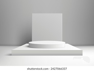 3D white podium mockup. A white backdrop and geometric square design, this mockup is perfect for showcasing of products. Vector illustration