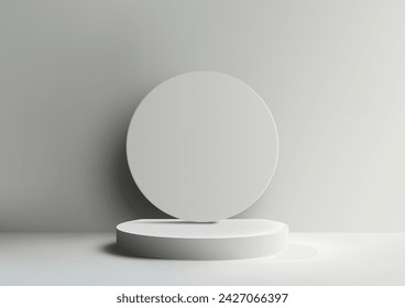 3D white podium mockup. A white backdrop and geometric circle design, this mockup is perfect for showcasing of products. Vector illustration