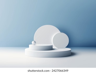 3D white podium mockup. A white circles backdrop and geometric  elements design on blue background, this mockup is perfect for showcasing of products. Vector illustration